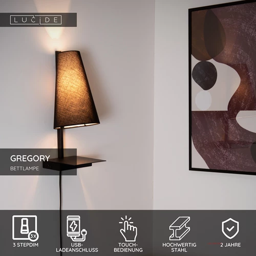Lucide GREGORY - Bettlampe / Wandleuchte - 1xE27 - Mit USB-Ladepunkt - Schwarz - USP